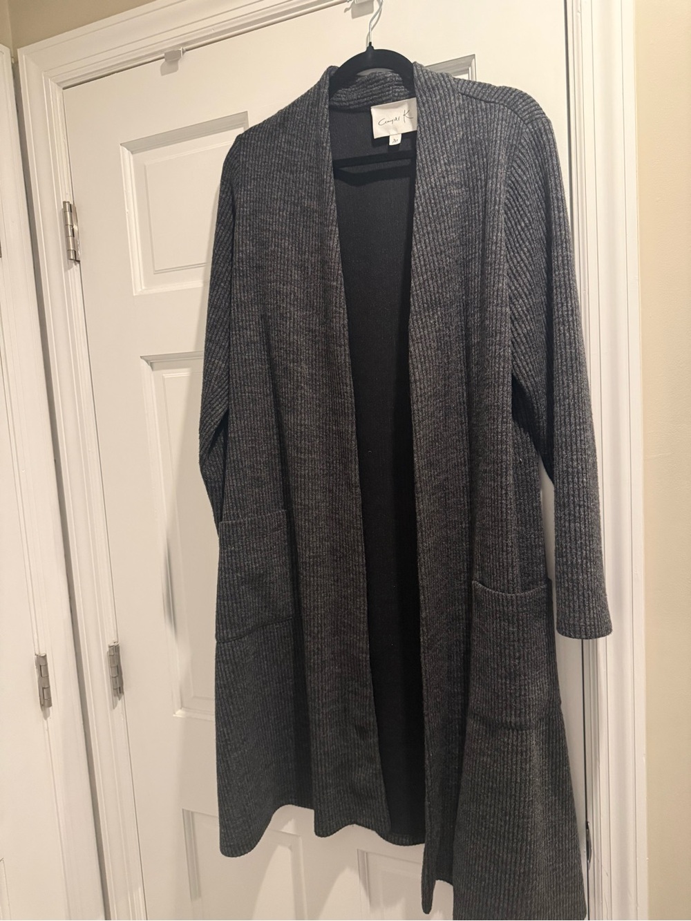 Charcoal Gray Ribbed Open-Front Long Cardigan